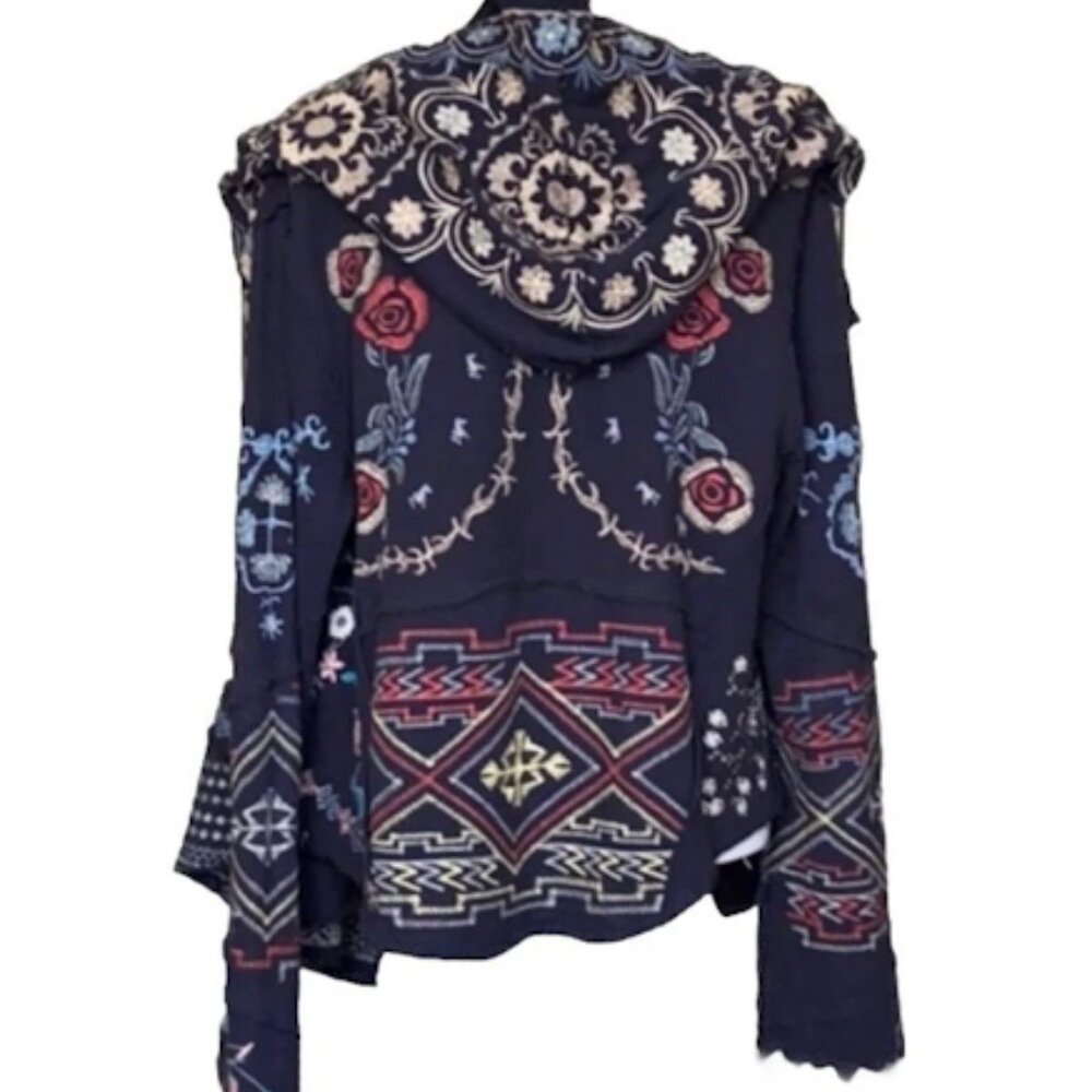 Johnny Was Navy Hooded Cardigan with Cream, Light Blue & Red Embroidered Accents